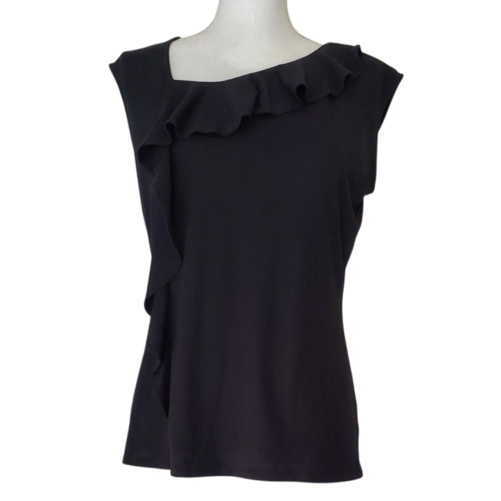 White House Black Market Black Assymetrical Ruffled Neck Cap Sleeve Top Size M